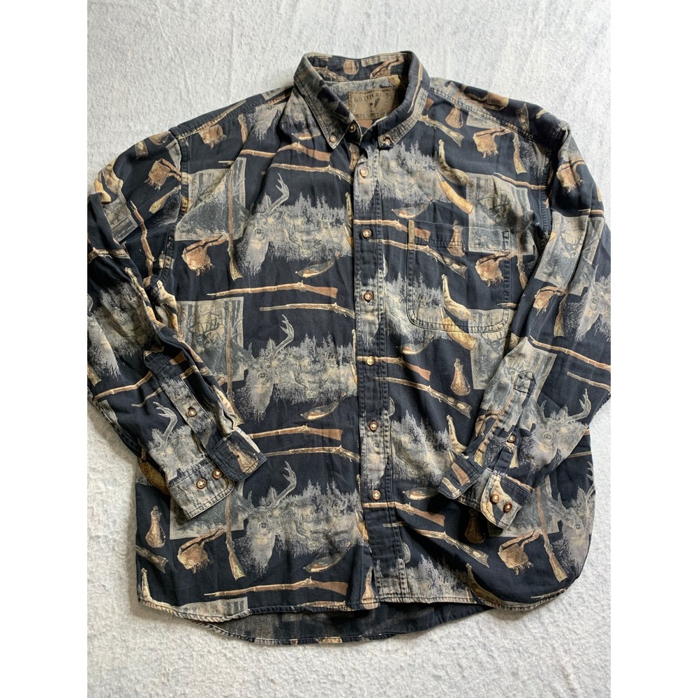 North River‎ Mens L Long Sleeve Button Down Shirt Deer Gun Forest Print Casual